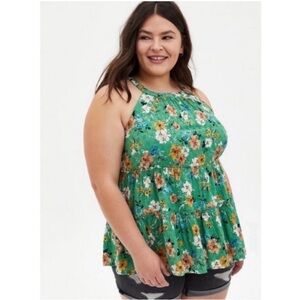 Torrid Babydoll Eyelet Tiered Top green floral high neck sleeveless